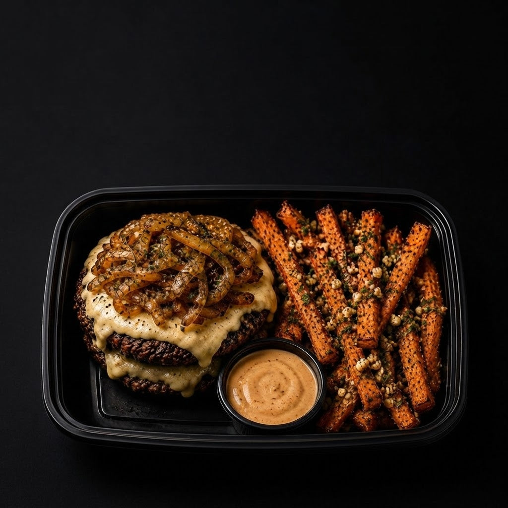 A Protein Style Burger topped with Carmelized Onions served with Garlic & Herb Sweet Potato Fries