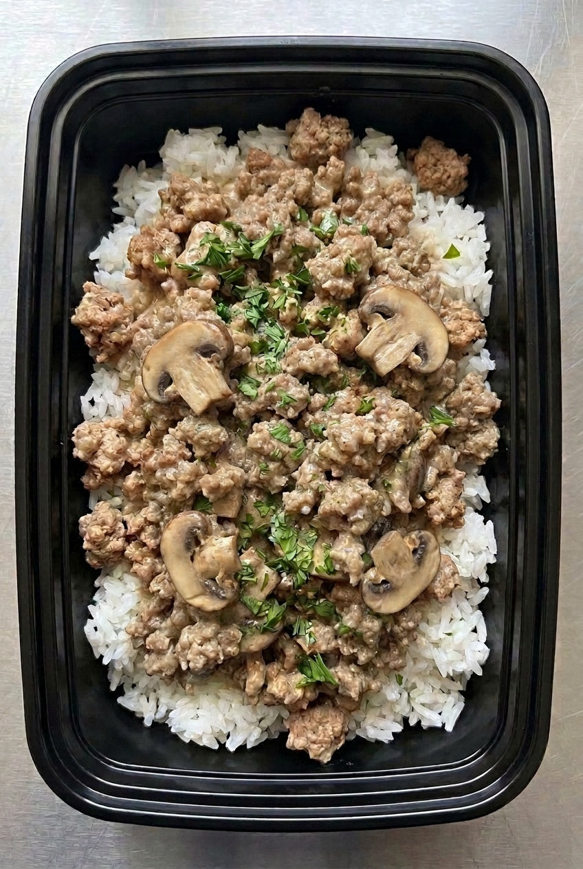Ground Turkey Stroganoff “Skinny Bowls” over Rice