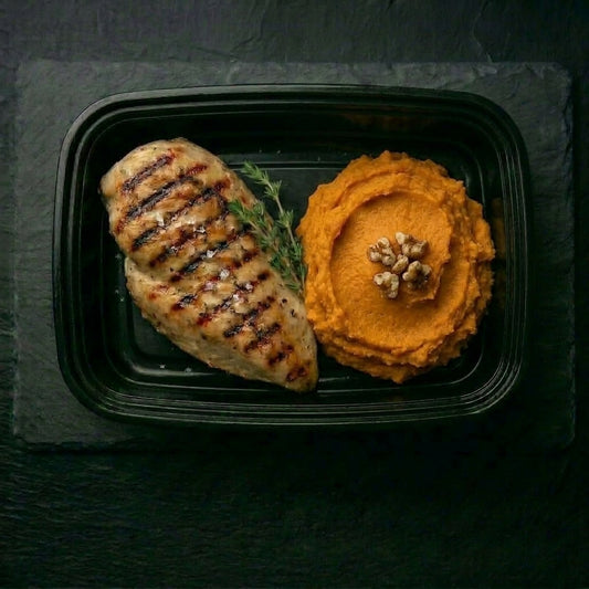 Grilled Garlic Chicken with Sweet Potato Purée topped with Candied Walnuts