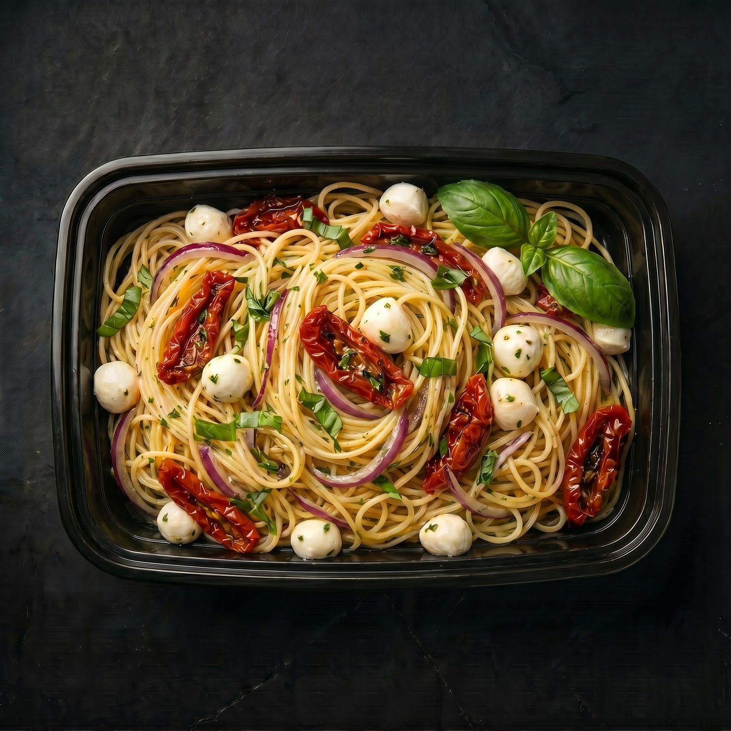 Angel Hair Pasta with Sun-dried Tomatoes, Basil, Mozzarella and sliced Onions