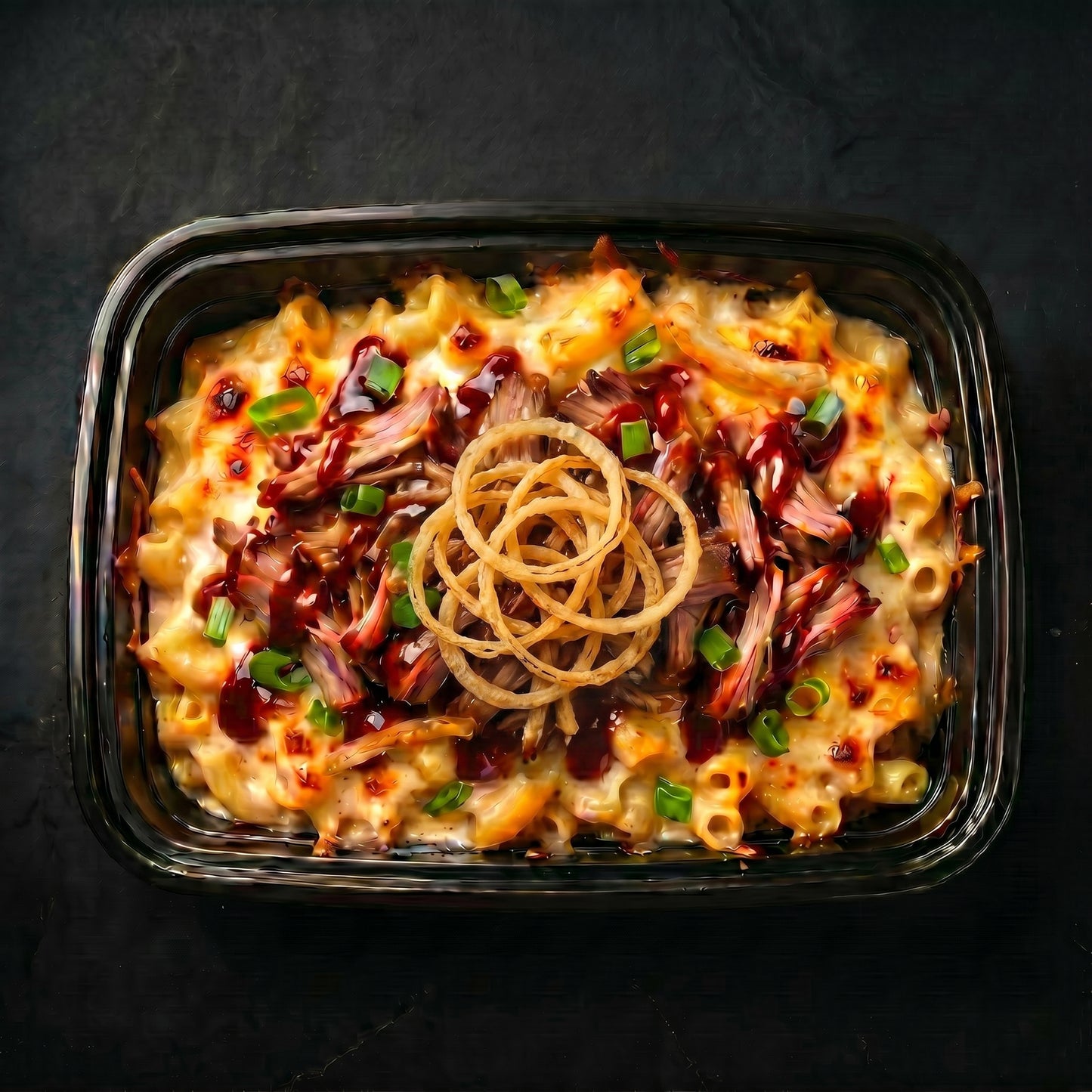 Mac n’ Cheese Topped with Pulled Pork drizzled with BBQ Sauce
