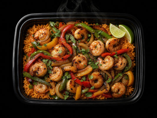Shrimp Fajita Bowl over Spanish Rice