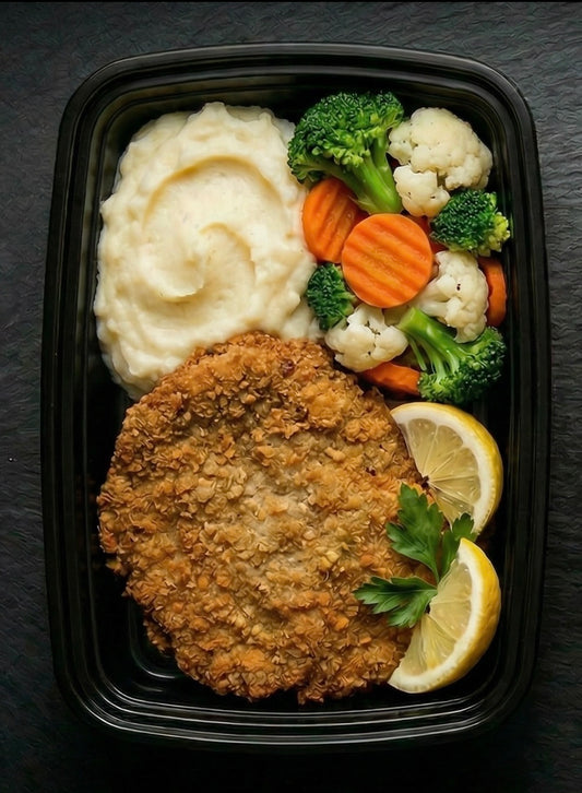 Beef Milanese with Side of Garlic Mash & Mixed Vegetables